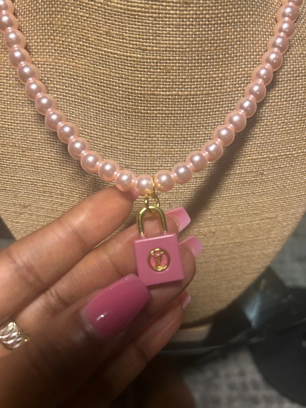 Pink Pearl Beaded Necklace with Pink Padlock Charm, bracelet & knob earrings - Picture 2 of 6